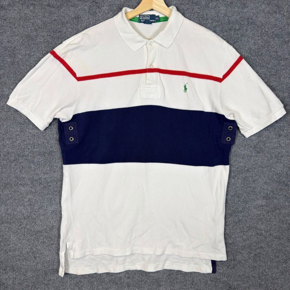 Polo Ralph Lauren Mens XL White Blue Red Striped Bouclé Shirt Embroidered Pony